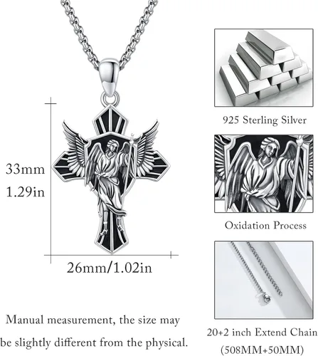 Vista 6 de Collar de plata de ley 925, collar de RafaelUrielChristopher de plata de ley 925 con alas de cruz, collar de amuleto de protección, collar