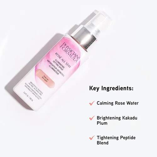Vista 4 de Physicians Formula Rosé All Stay Illuminating Setting Spray para maquillaje, sin aceite, sin alcohol, antioxidantes Dermatológicamente probado
