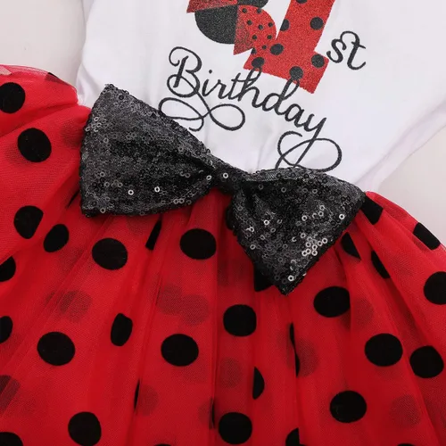 Vista 4 de Traje de bebé para niñas del primer segundo cumpleaños, vestido de mariquita de ratón, diadema con lunares y falda tutú con una sesión de fotos