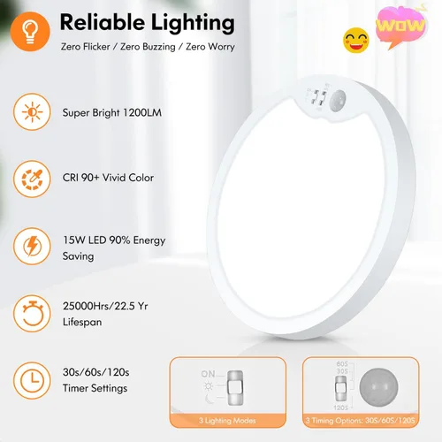 Vista 6 de Brightever Lámpara de Techo con Sensor de Movimiento de 7 Pulgadas Cableada, 15W 1500LM Lámpara de Techo Empotrada, Ultra Delgada 0.67 Pulgadas