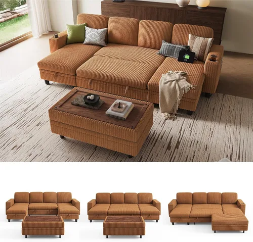 Vista 41 de LINSY HOME Sofá cama seccional con sofá cama extraíble para sala de estar (azul) Plush Corduroy