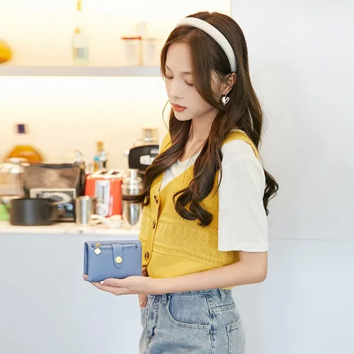 Vista 7 de Billeteras para mujer, billetera pequeña Rfid para mujer, billetera de cuero plegable con cremallera extraíble, Azul, Cartera para mujer