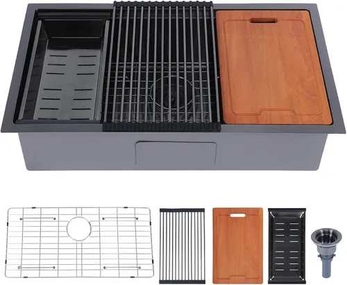 Vista 12 de Hotis Fregadero de Barra Negro Empotrable, Fregadero de Cocina Pequeño de 15x15 de Un Solo Tazón, Fregaderos Negros de Acero Inoxidable para Bar