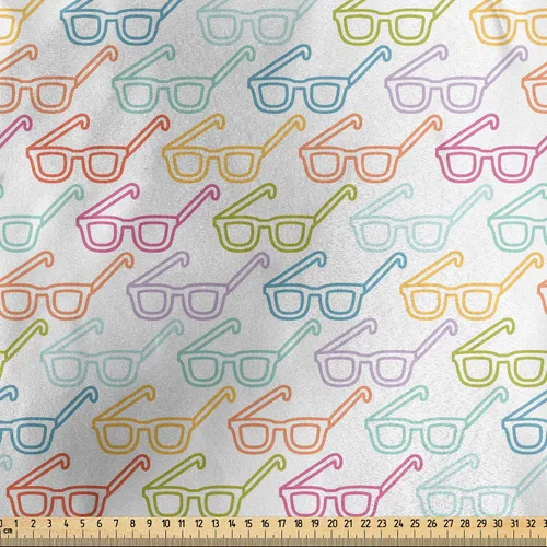 Vista 2 de Ambesonne - Tela Indie de The Yard, patrón colorido con anteojos clásicos de moda antigua, nerd, inteligente, bohemio, dibujo de doodle, tela