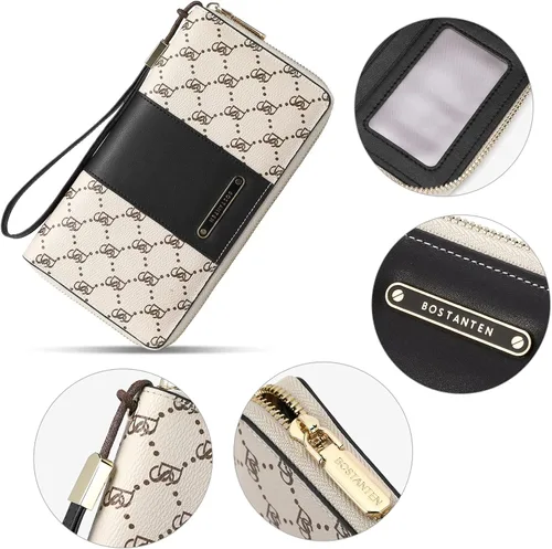 Vista 6 de BOSTANTEN - Carteras de cuero para mujer, bloqueo de identificación por radio frecuencia (RFID), cierre de cremallera alrededor, tarjetero, cartera