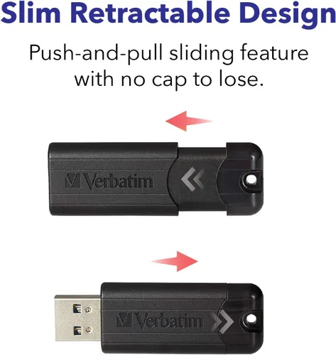 Vista 2 de Verbatim 128GB Pinstripe USB 3.2 Gen 1 Unidad Flash Retractable - Negra