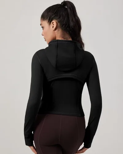 Vista 2 de QUEENIEKE Chaqueta de entrenamiento para mujer, con cremallera completa, sudadera con capucha para correr, ajustada, para yoga, recortada