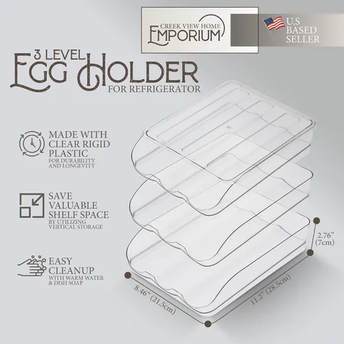 Vista 2 de Creekview Home Emporium Recipiente para huevos para refrigerador, cajón de plástico transparente apilable de 3 niveles, 4 docenas de capacidad