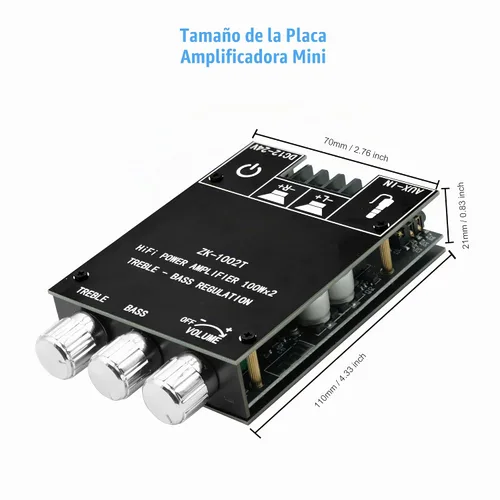 Vista 3 de ZK-1002T Placa de amplificador Bluetooth de 100 W+100 W con control de agudos y graves, placa de amplificador de audio estéreo mini de 2.0 canales