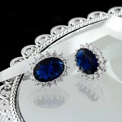 Vista 7 de Gem Stone King Juego de collar y aretes de plata de ley 925 con zafiro simulado azul