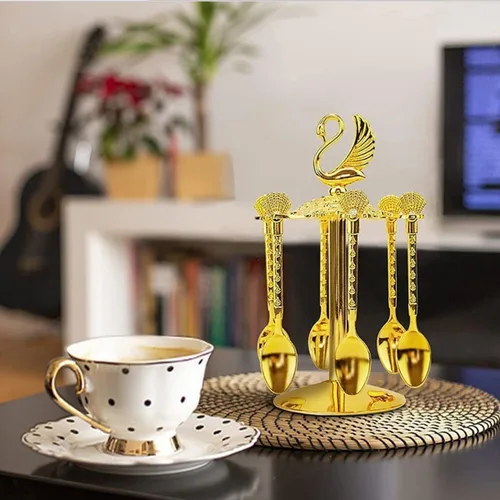 Vista 8 de Soporte decorativo de base de cisne con 6 cucharas, cucharas de té de lujo, postre de café, cucharaditas, cuchara de mermelada para frutas, agitar