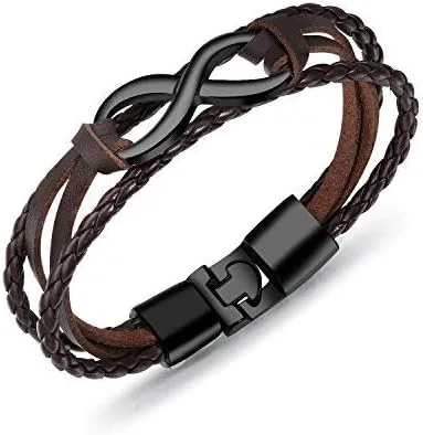 Vista 5 de Eymi Pulsera de cuero unisex con signo de infinito simbólico de amor trenzado