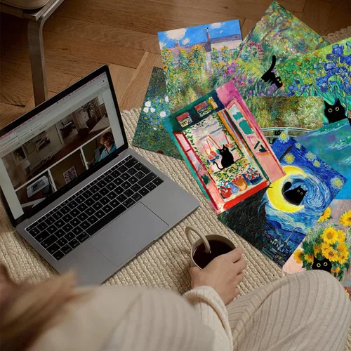 Vista 5 de Kizbok Juego de 9 carteles divertidos de gato negro, impresiones artísticas de pared de gato negro vintage de Monet Matisse Van Gogh, gatos negros