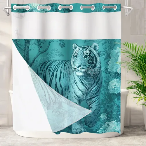 Vista 30 de Batmerry Maritime Nautical Hookless Shower Curtain with Snap in Liner Set, Anchors Ship Wheel Bath Curtain Magnetic Hem Quick-Drying Waterproof
