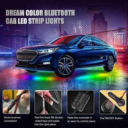 Vista 9 de Luces para debajo del auto, kit de tira de luces Bluetooth Dream Color Chasing, 6 luces exteriores impermeables con control de aplicación, 12 V 300