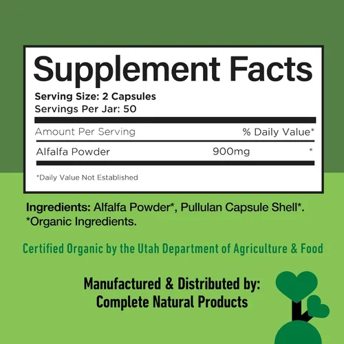 Vista 6 de Complete Natural Products Hoja de alfalfa pura - 100 cápsulas - 450 mg de polvo de hoja de alfalfa orgánica pura seca en cápsulas vegetales