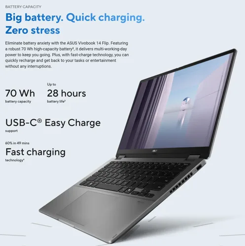 Vista 4 de ASUS Vivobook Flip OLED Touch Copilot+ de 14 pulgadas, Intel EVO Core Ultra 7 256V, Wi-Fi 7, bisagra de 360°, Thunderbolt4, Win 11, con mouse