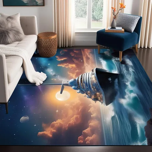 Vista 3 de Alfombra de galaxia de 2 x 3 pies, alfombra espacial para niños y niñas, dormitorio, sala de estar, océano, transbordador, barco, alfombra de noche