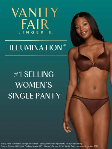 Vista 5 de Vanity Fair Bragas de bikini con tira para mujer, Illumination, con elástico sedoso y ribete de satén Paquete de 3 Negro (Midnight Black)