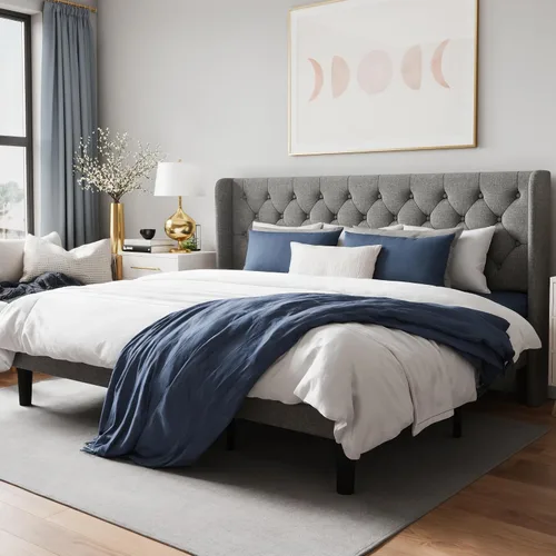 Vista 12 de WEEWAY Base de cama tapizada de tamaño matrimonial con cabecera copetuda con respaldo de alas, plataforma moderna con soporte de listones de madera