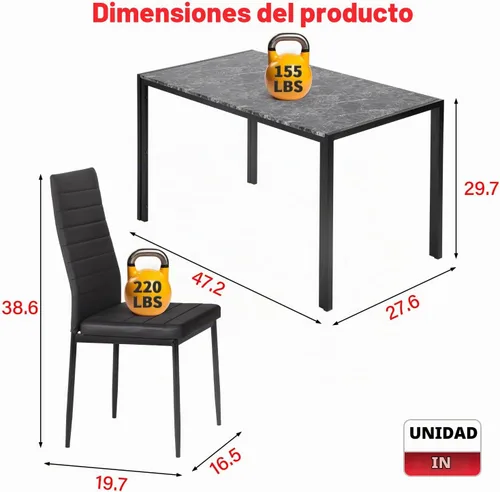 Vista 7 de Juego de mesa y sillas de comedor PayLessHere, moderna mesa rectangular de mármol con tapa y 4 sillas de cuero PU para comedor y cocina, mármol negro
