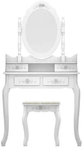 Vista 6 de Juego de tocador blanco para maquillaje y joyería con taburete, 4 cajones, espejo y escritorio de madera de Apontus