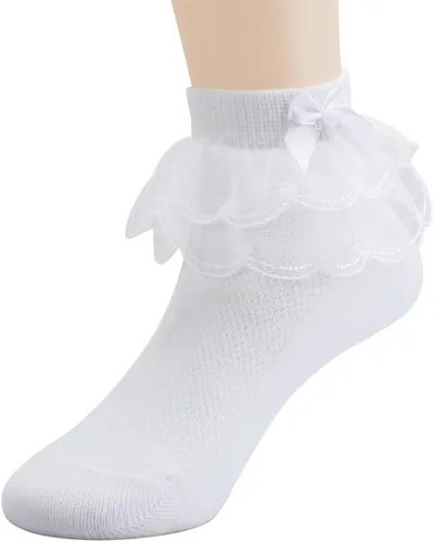 Vista 6 de Looching Calcetines de encaje con volantes para niñas pequeñas, de algodón, con volantes, con lazo, paquete de 5