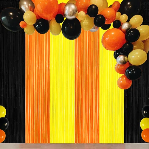 Vista 5 de Decoraciones de Fiesta de Cumpleaños de Construcción, Telón de Fondo de Flecos de Aluminio Naranja Negro Amarillo, Decoraciones de Fiesta de Camión