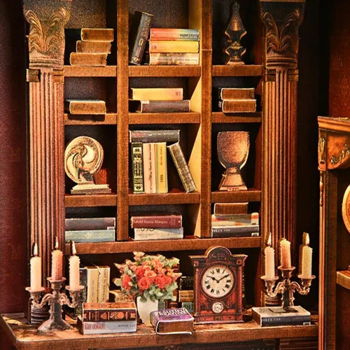 Vista 8 de Kits de rincón de libros para adultos, rompecabezas de madera 3D para casa de muñecas, estantería en miniatura para casa de muñecas, decoración