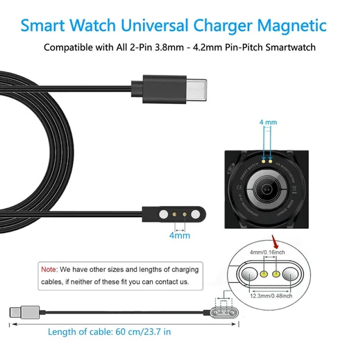 Vista 3 de Paquete de 2 cargadores universales para reloj inteligente magnético, accesorios de reloj de 23.6 in, USB-C de 2 pines de 0.157 in, cable de carga