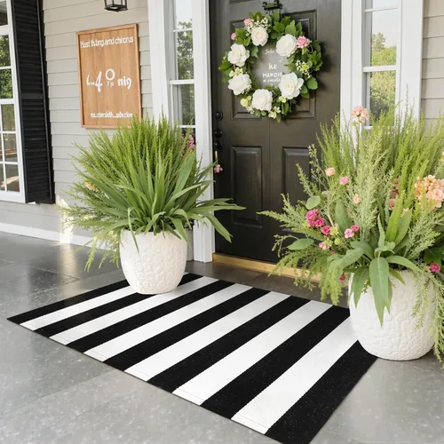Vista 12 de KIMODE - Alfombra de algodón tejida con diseño a rayas en color negro, para puerta de entrada, cocina, decoración de estilo rústico