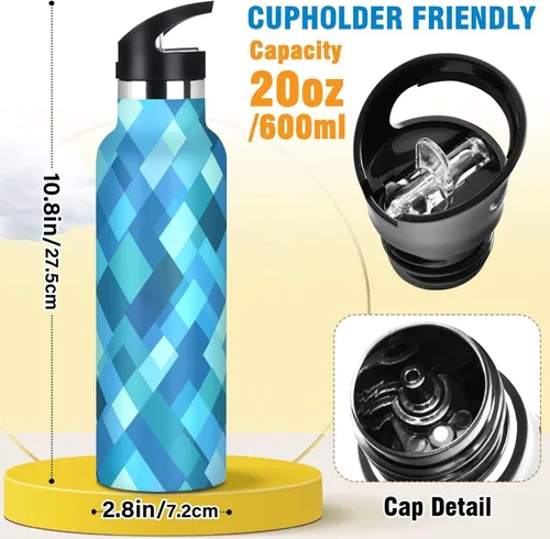 Vista 2 de Diamond Teal Royal Blue Double-Wall Insulation Reusable Water Bottle Insulated with Straw Lid BPA-Free Leak Proof for Sport Gym Outdoor Travel School