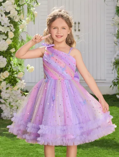Vista 4 de IBTOM CASTLE Vestido de cumpleaños para niñas, con corazón, de tul, con destellos, de princesa, para bebé, vestido de niña de flores, para boda
