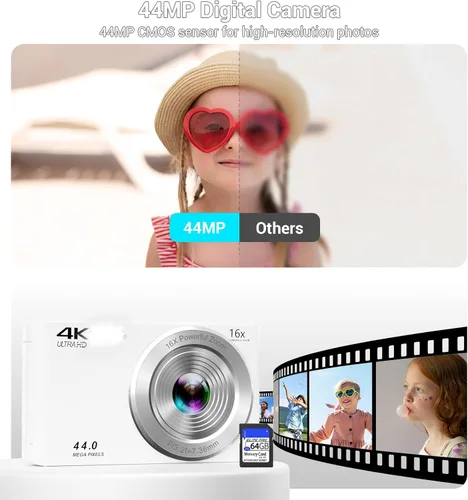 Vista 3 de Cámara digital 4K, cámara digital compacta digital de enfoque automático, zoom digital de 16X, cámara de viaje mejorada con tarjeta SD de 64 GB, 2