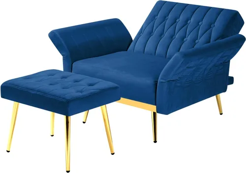 Vista 7 de Silla decorativa de terciopelo con respaldo y reposabrazos ajustables, azul
