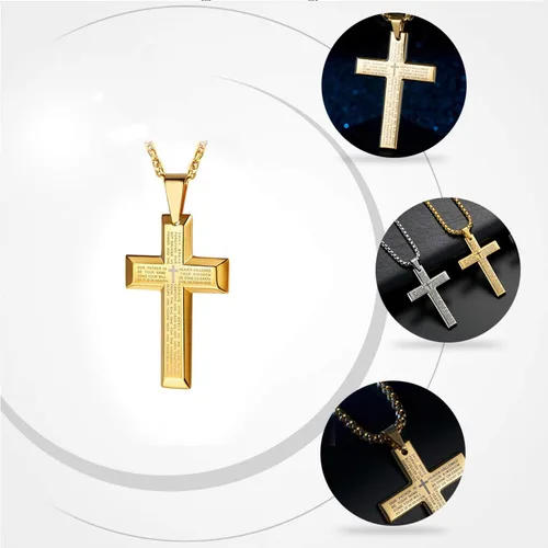 Vista 5 de Collar con colgante de cruz, chapado en oro de 18 quilates, cadena de acero inoxidable, simple sólido pulido cruz collar para hombres y niños