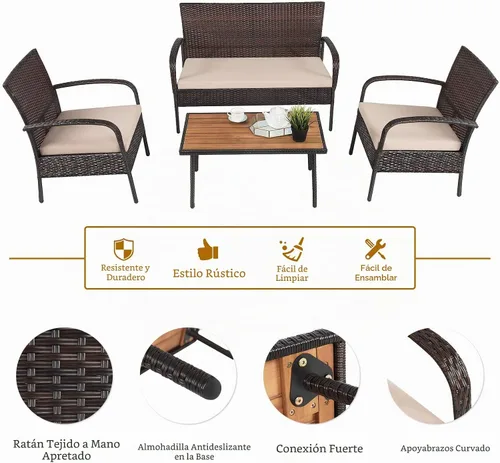 Vista 7 de COSTWAY Juego de muebles de ratán de patio de 4 piezas para conversación al aire libre, mesa de centro con cojines