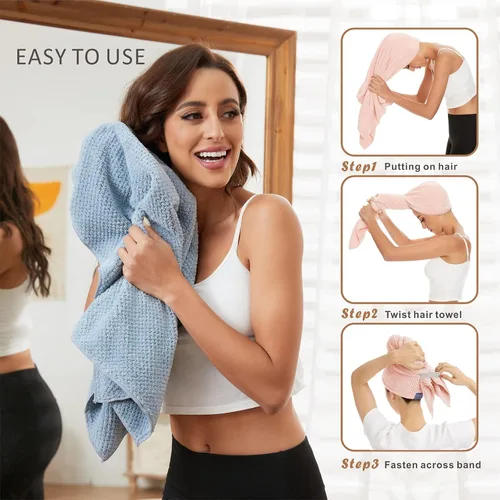 Vista 5 de Toalla Grande de Microfibra para Envolver el Cabello para Mujeres, Toalla de Secado de Cabello Anti-Encrespamiento con Correa Elástica, Secado