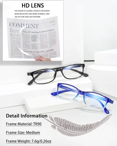 Vista 2 de EYEURL Gafas de lectura para mujer, lentes de bloqueo de luz azul que reducen la fatiga ocular, paquete de 2 unidades, marco TR90 ligero +0.0