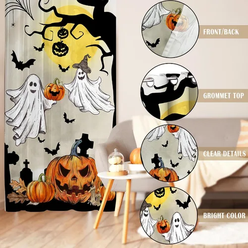 Vista 4 de PINATA Cortinas de Halloween para sala de estar, decoración de Halloween para el hogar, ventana, naranja transparente de 96 pulgadas de largo, 2