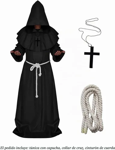 Vista 3 de Disfraz de monje renacentista medieval con capucha tipo Fraile, disfraz de cosplay. Negro
