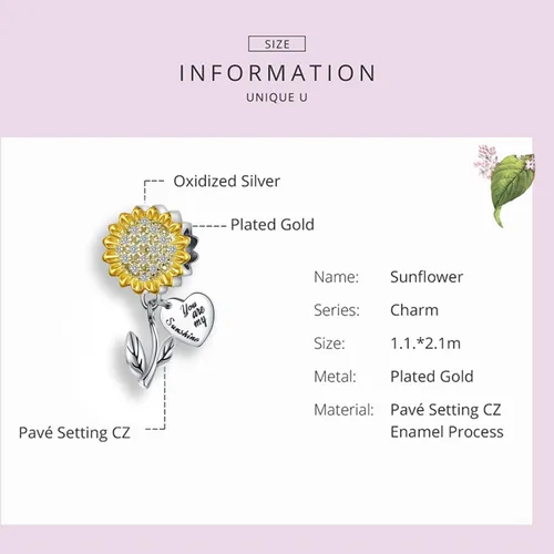 Vista 6 de Sunflower Charm Fit for Pandora Charms Bracelet and Necklace You Are My Sunshine Charm Gifts for Women