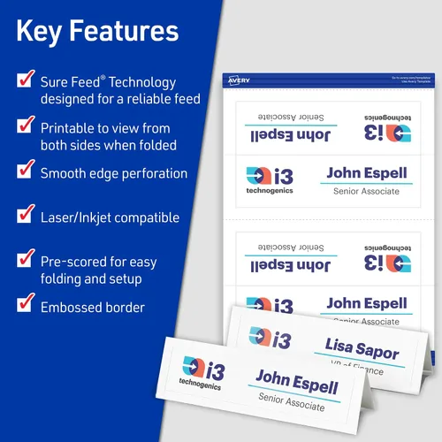 Vista 2 de Avery Printable Tent Cards with Sure Feed Technology, 2-1/2" x 8-1/2", Matte White with Embossed Border, 100 Blank Place Cards for Laser and Inkjet