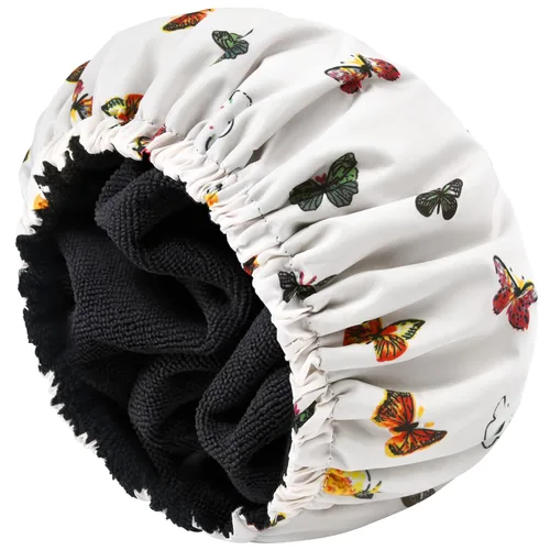 Vista 23 de Gorro de ducha para mujer, gorro de baño negro, reversible, grande, impermeable, ajustable, forro de rizo y banda elástica, dobladillo elástico