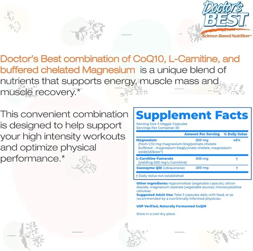 Vista 9 de Doctor's Best CoQ10 L-carnitina suplemento de magnesio – Apoyo de energía y ejercicio para hombres y mujeres, coenzima fermentada naturalmente Q10