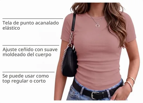Vista 4 de Zeagoo Camiseta básica elástica de manga corta acanalada con cuello redondo Rosa polvoriento