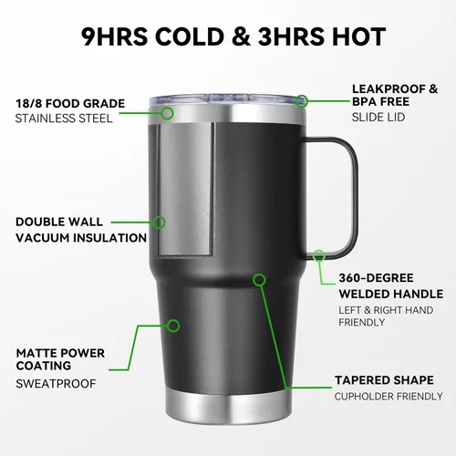 Vista 2 de Vaso térmico de acero inoxidable de 20 oz con asa, envase a granel, vasos termales metálicos aislados, taza de café de viaje con asa, vaso de doble
