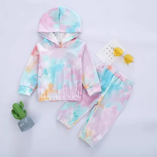 Vista 2 de Conjunto de 2 piezas para bebé y niña, teñido anudado, manga larga, sudadera con capucha y pantalones, ropa de otoño e invierno