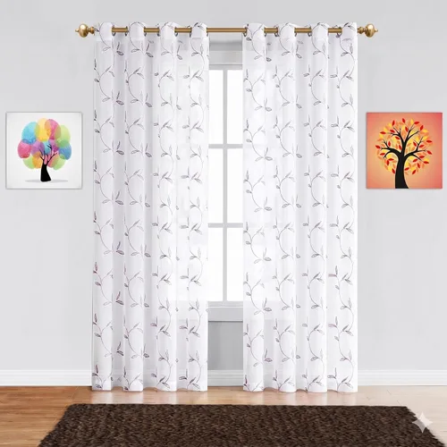 Vista 12 de Cortinas LinenZone de piso a techo para ventanas extra anchas. Cortinas transparentes blancas para divisores de habitación con bordado de hojas rosa