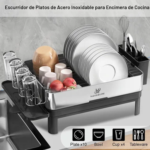 Vista 3 de Escurridor de platos Escurridor de platos de acero inoxidable para encimera de cocina, ahorro de espacio, escurridor de platos con drenaje